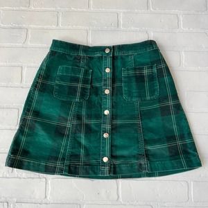 Urban Outfitters Green Plaid Velvet Clueless Y2K 90s style Button Skirt -sz M